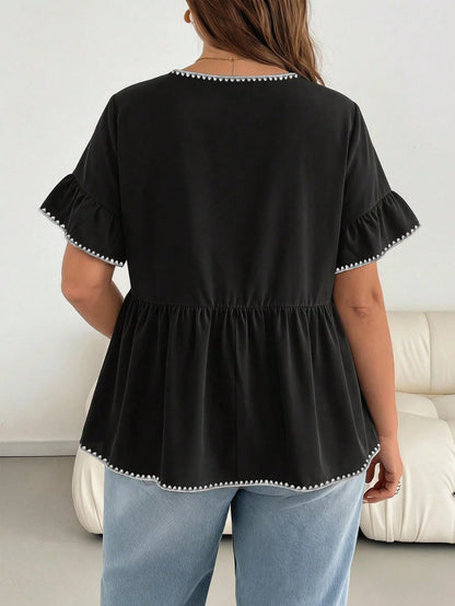Essnce Plus Size Women Shell Flower Decor Round Neck Ruffle Trim Short Sleeve Blouse, Summer Office Black And White Smart Casual