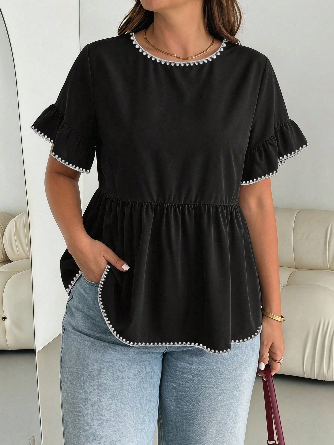 Essnce Plus Size Women Shell Flower Decor Round Neck Ruffle Trim Short Sleeve Blouse, Summer Office Black And White Smart Casual