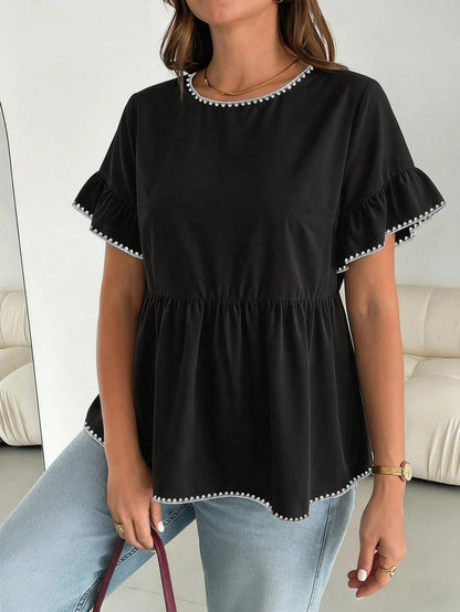 Essnce Plus Size Women Shell Flower Decor Round Neck Ruffle Trim Short Sleeve Blouse, Summer Office Black And White Smart Casual