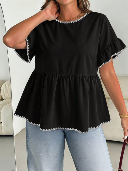 Essnce Plus Size Women Shell Flower Decor Round Neck Ruffle Trim Short Sleeve Blouse, Summer Office Black And White Smart Casual