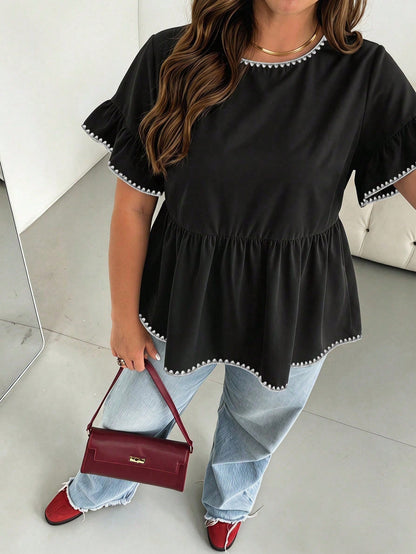 Essnce Plus Size Women Shell Flower Decor Round Neck Ruffle Trim Short Sleeve Blouse, Summer Office Black And White Smart Casual