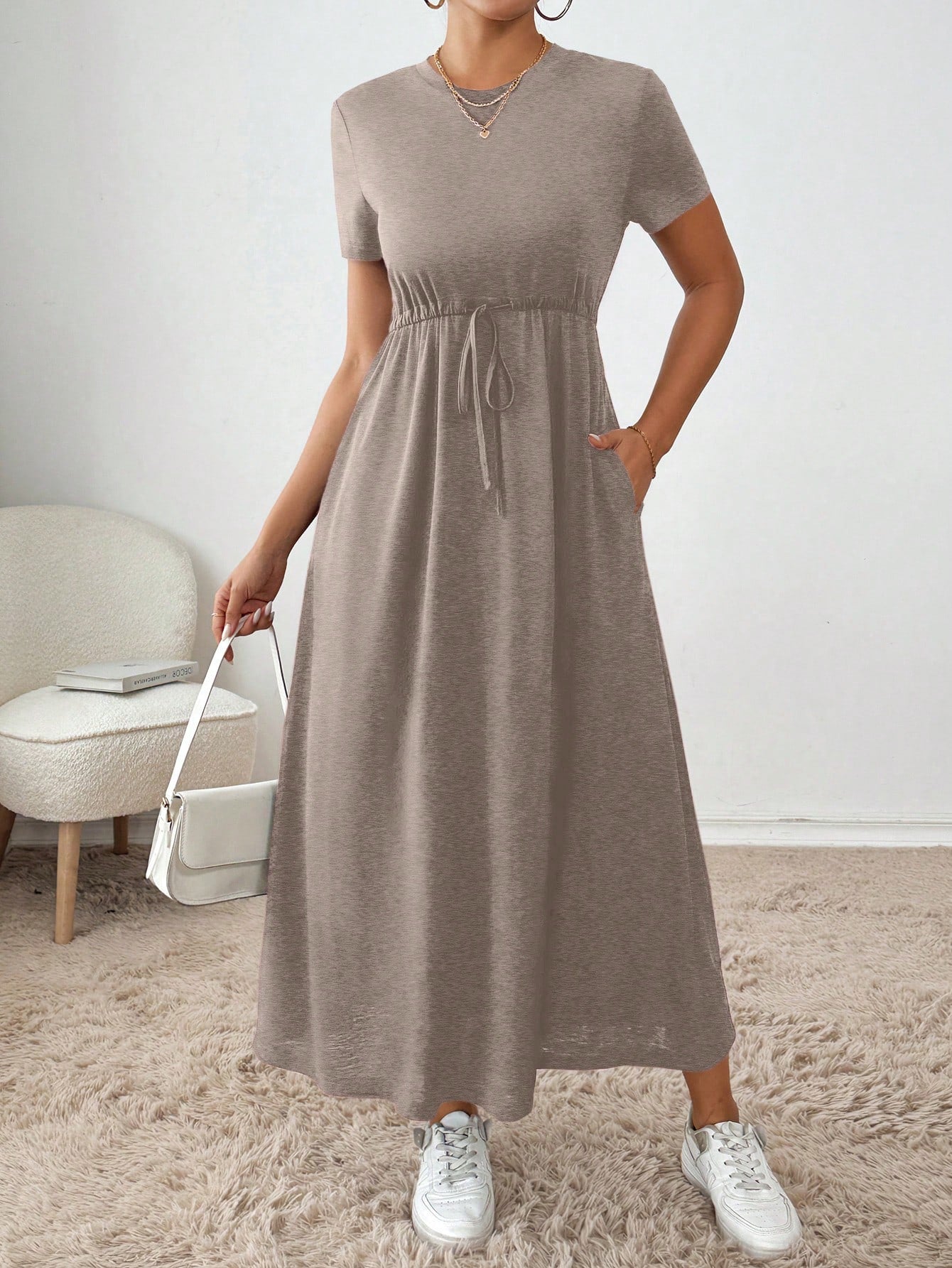 Essnce Women's Summer Casual Solid Color Drawstring Waist Dress,Summer Dresses For Women