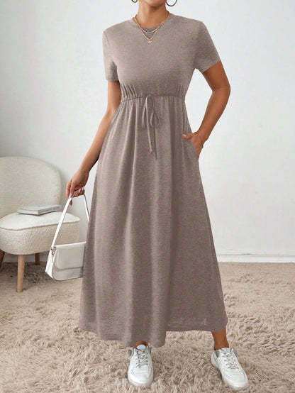 Essnce Women's Summer Casual Solid Color Drawstring Waist Dress,Summer Dresses For Women