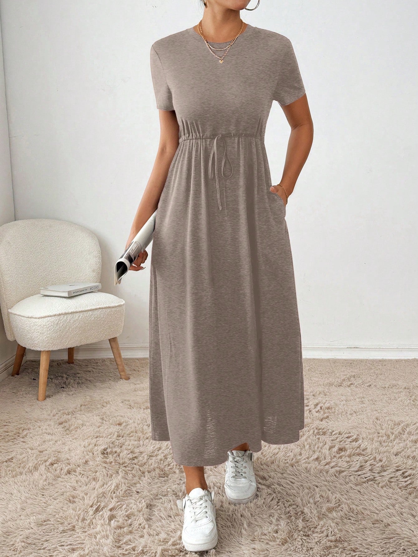 Essnce Women's Summer Casual Solid Color Drawstring Waist Dress,Summer Dresses For Women