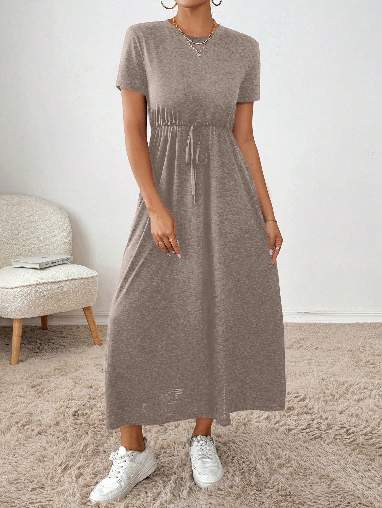 Essnce Women's Summer Casual Solid Color Drawstring Waist Dress,Summer Dresses For Women
