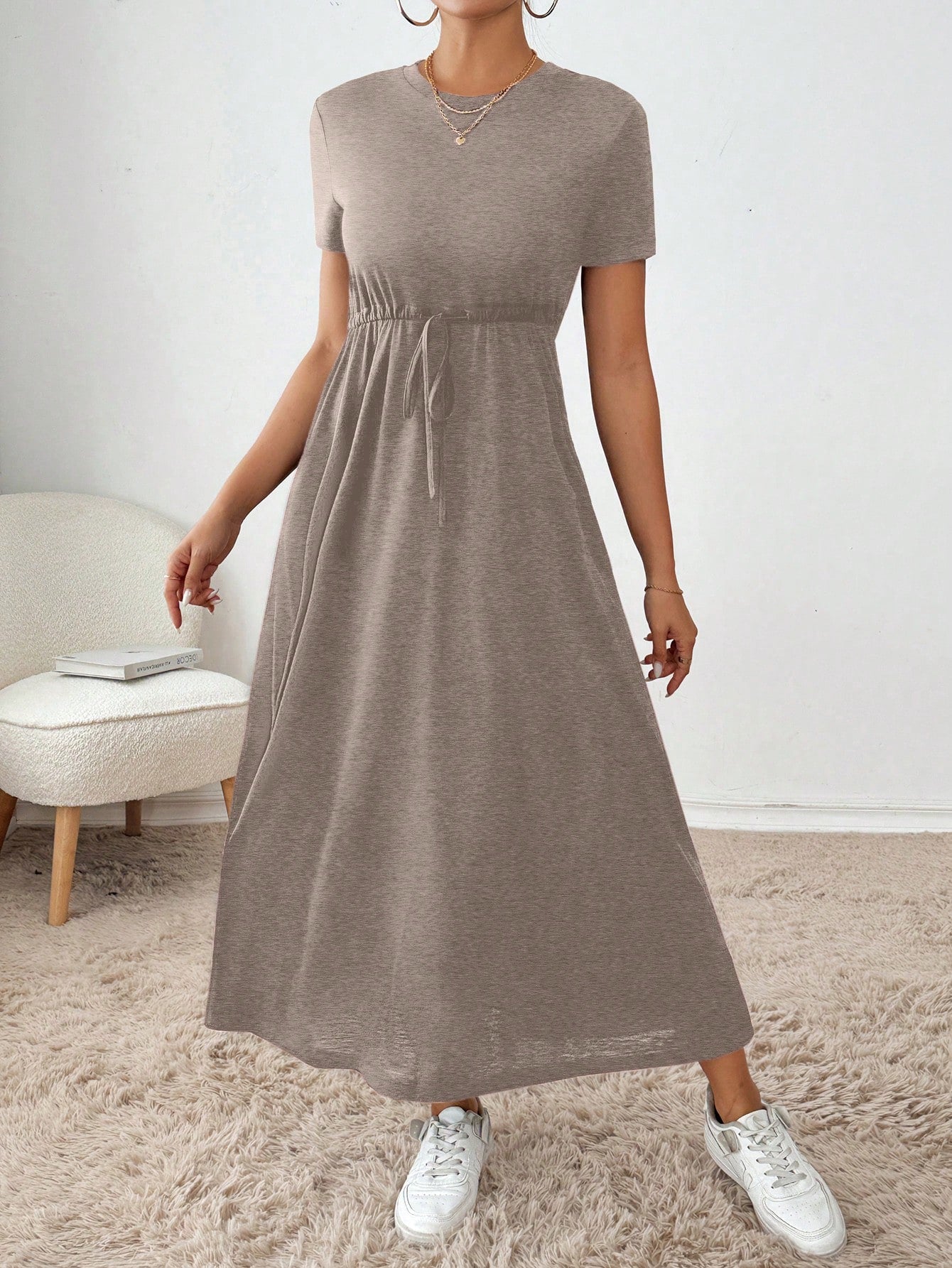 Essnce Women's Summer Casual Solid Color Drawstring Waist Dress,Summer Dresses For Women
