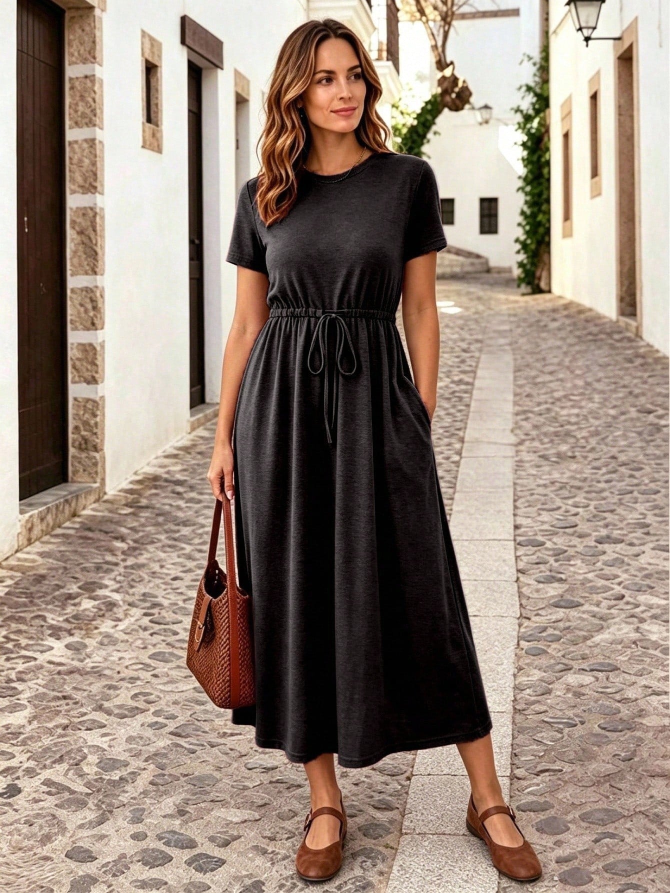 Essnce Women's Summer Casual Solid Color Drawstring Waist Dress,Summer Dresses For Women