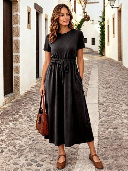 Essnce Women's Summer Casual Solid Color Drawstring Waist Dress,Summer Dresses For Women