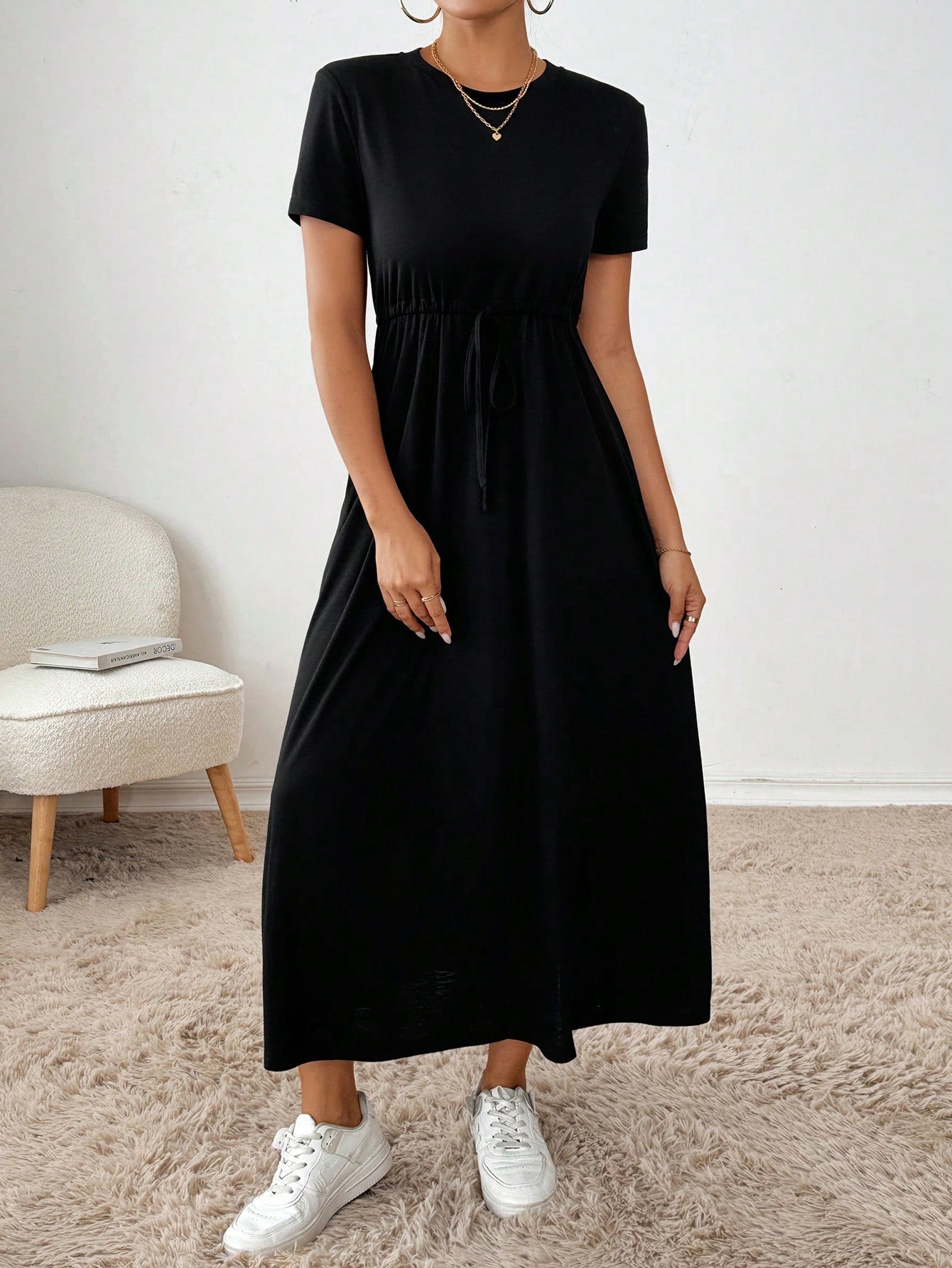 Essnce Women's Summer Casual Solid Color Drawstring Waist Dress,Summer Dresses For Women