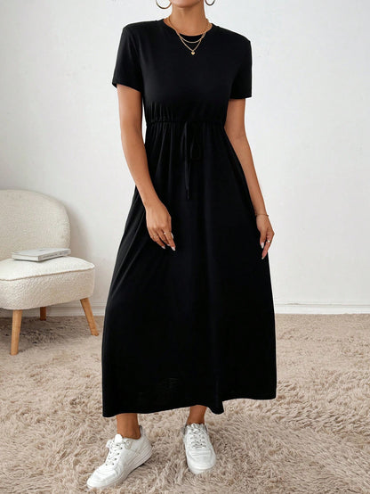 Essnce Women's Summer Casual Solid Color Drawstring Waist Dress,Summer Dresses For Women