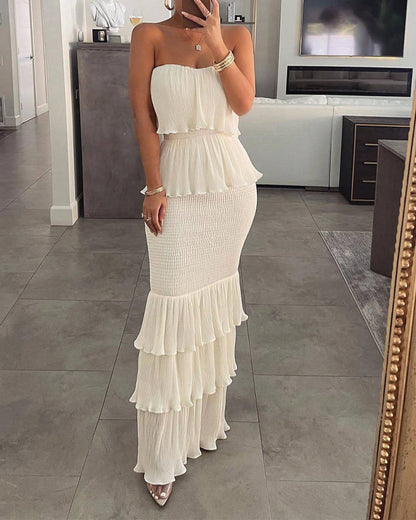 European And American 2024 Fashionable Sexy Elegant Women's Solid Color Sleeveless Strapless Gathered Pleated Ruffle Long Dress