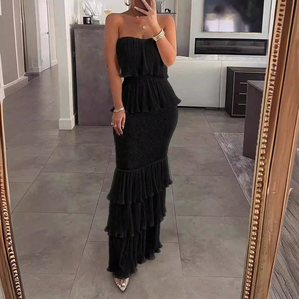 European And American 2024 Fashionable Sexy Elegant Women's Solid Color Sleeveless Strapless Gathered Pleated Ruffle Long Dress