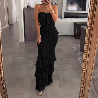 European And American 2024 Fashionable Sexy Elegant Women's Solid Color Sleeveless Strapless Gathered Pleated Ruffle Long Dress