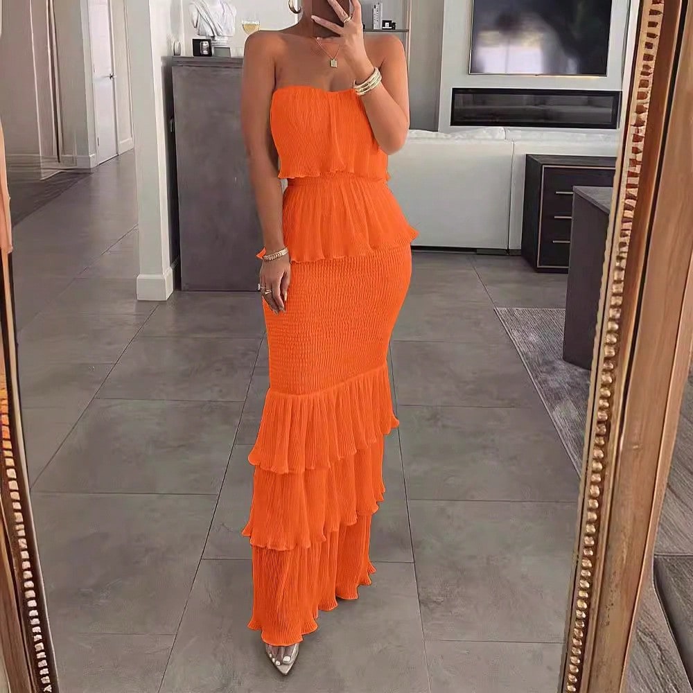 European And American 2024 Fashionable Sexy Elegant Women's Solid Color Sleeveless Strapless Gathered Pleated Ruffle Long Dress
