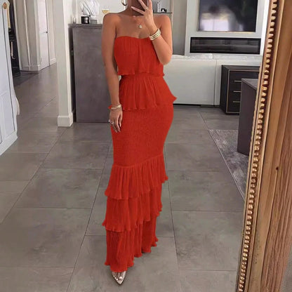 European And American 2024 Fashionable Sexy Elegant Women's Solid Color Sleeveless Strapless Gathered Pleated Ruffle Long Dress