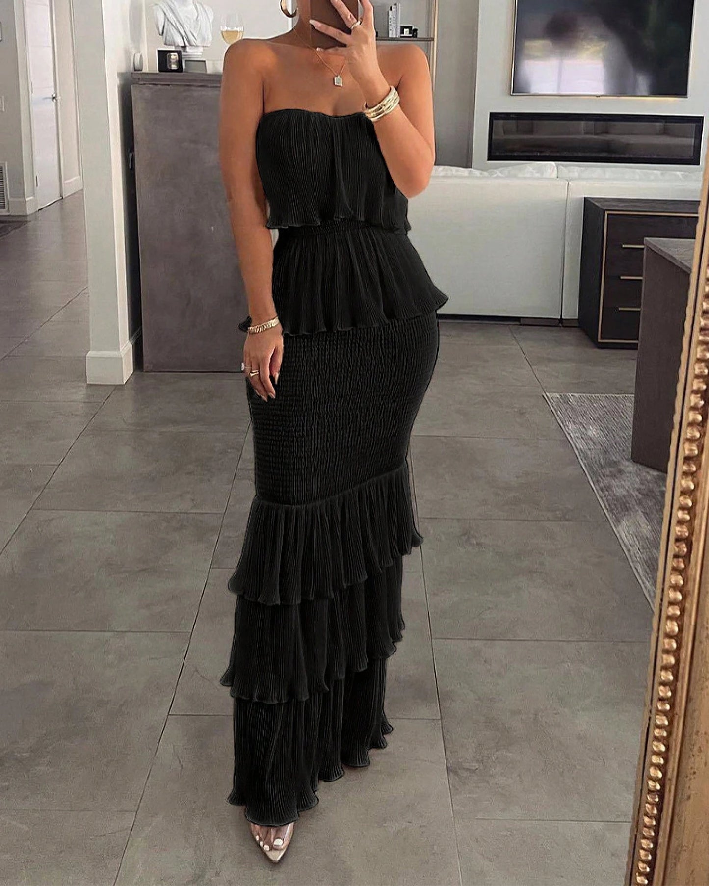 European And American 2024 Fashionable Sexy Elegant Women's Solid Color Sleeveless Strapless Gathered Pleated Ruffle Long Dress