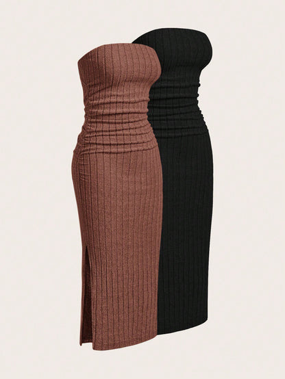 EZwear 2pcs/Set Velvet Ribbed Bandeau Dress