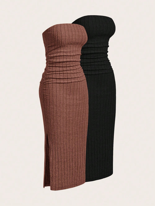 EZwear 2pcs/Set Velvet Ribbed Bandeau Dress