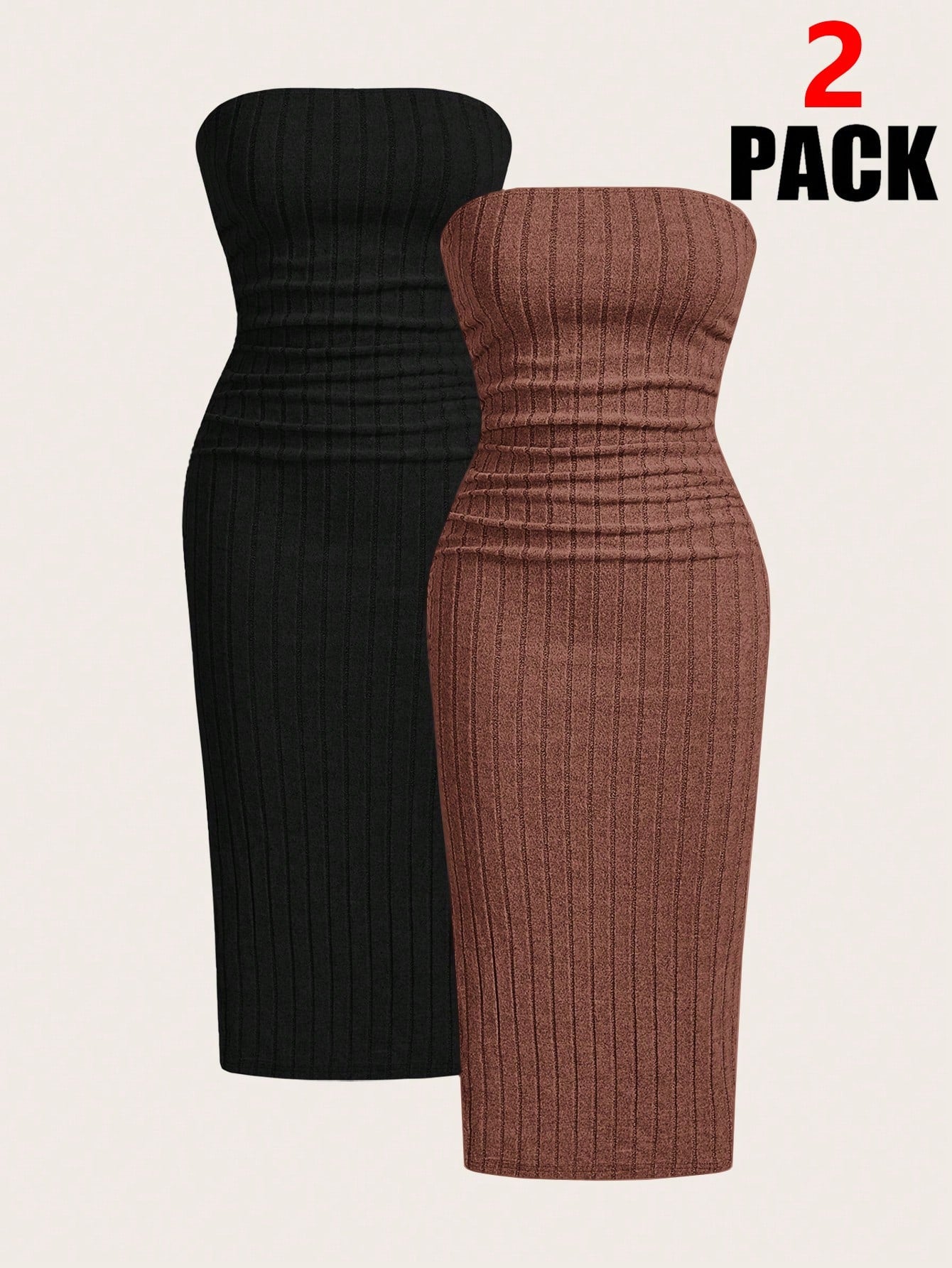 EZwear 2pcs/Set Velvet Ribbed Bandeau Dress