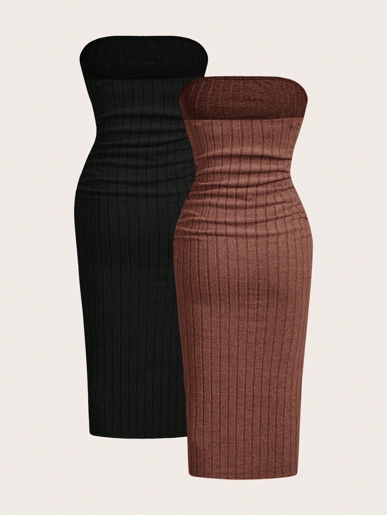 EZwear 2pcs/Set Velvet Ribbed Bandeau Dress