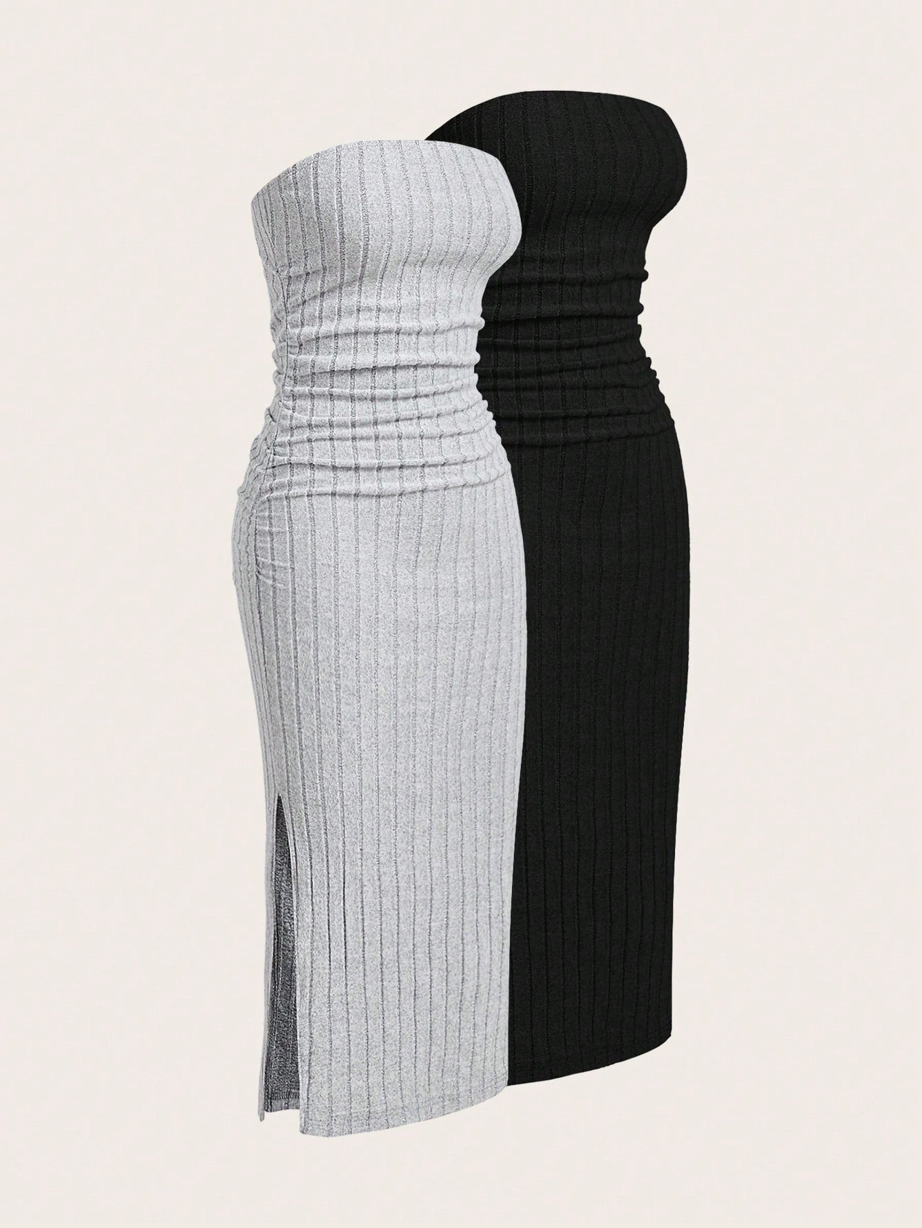 EZwear 2pcs/Set Velvet Ribbed Bandeau Dress