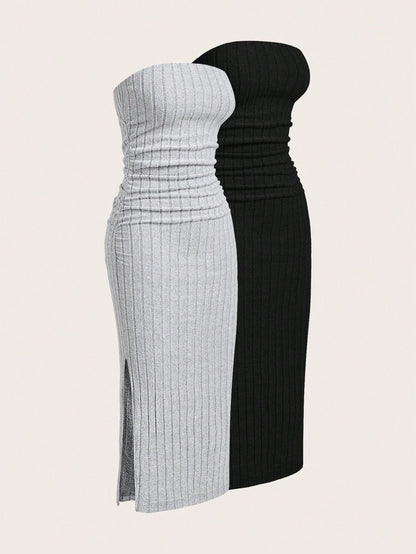 EZwear 2pcs/Set Velvet Ribbed Bandeau Dress