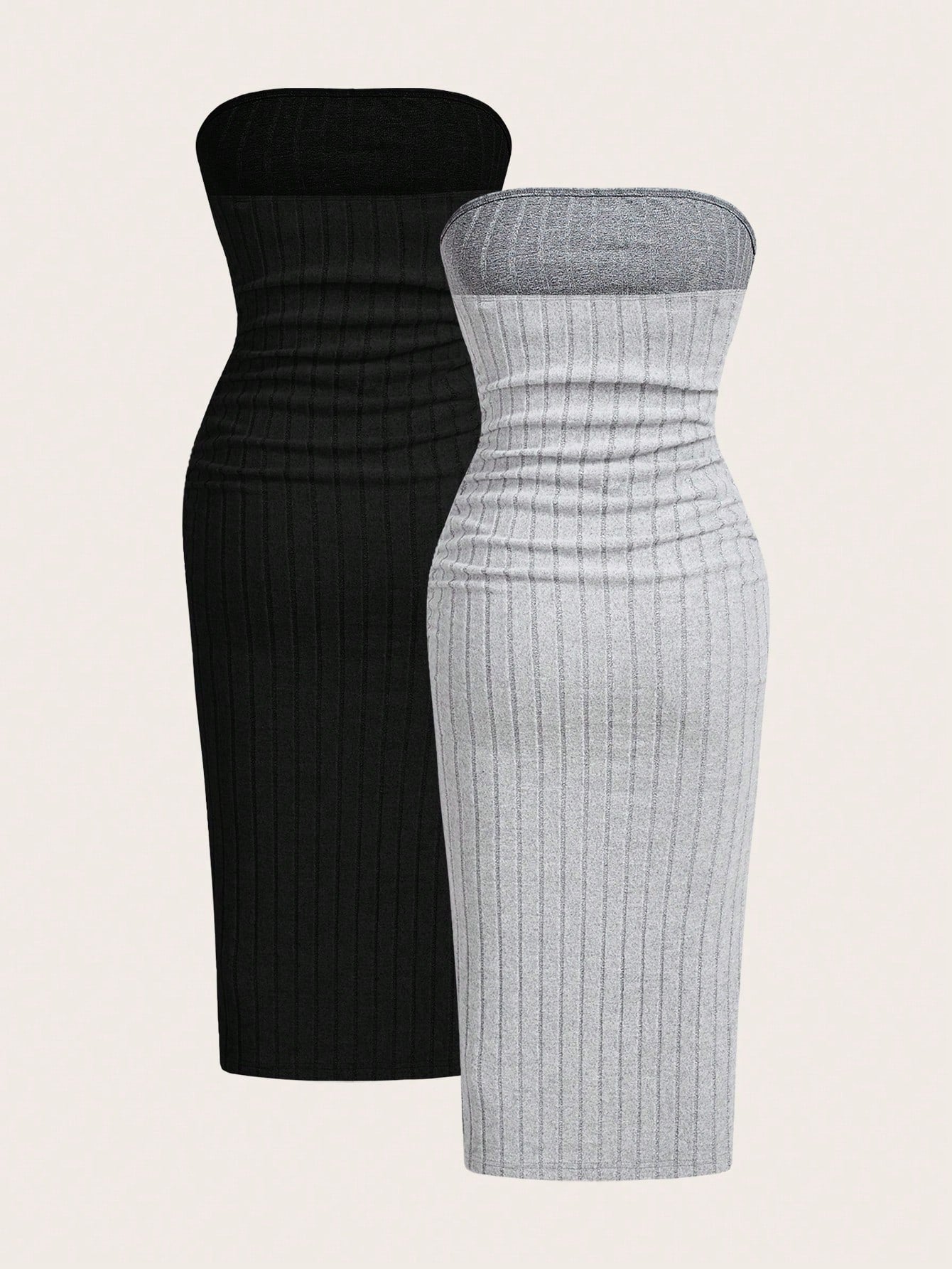 EZwear 2pcs/Set Velvet Ribbed Bandeau Dress
