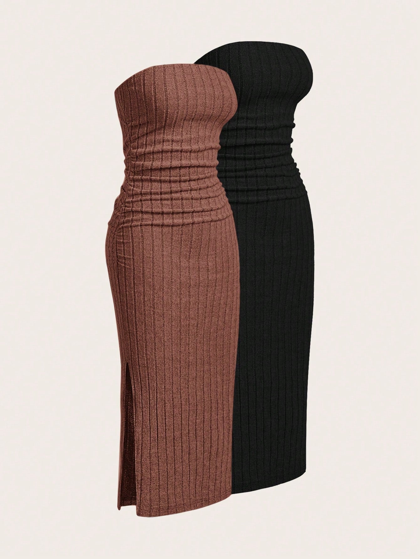 EZwear 2pcs/Set Velvet Ribbed Bandeau Dress