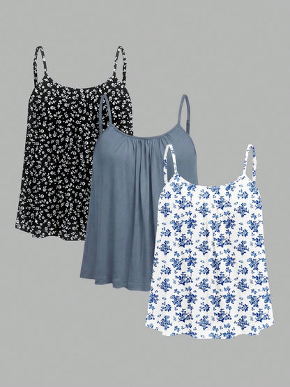 EZwear 3pcs Plus Size Casual Minimalist Ditsy Floral Camisole