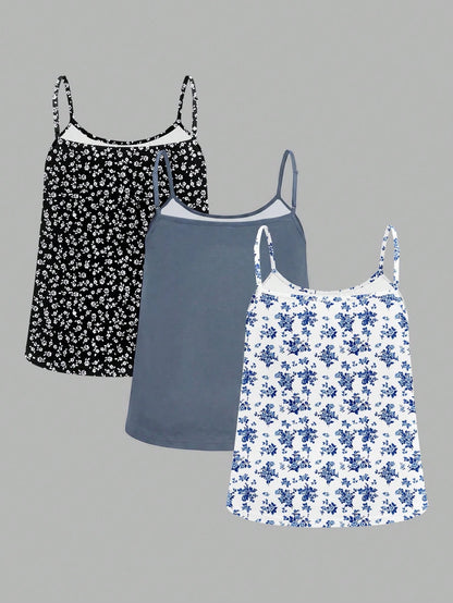 EZwear 3pcs Plus Size Casual Minimalist Ditsy Floral Camisole