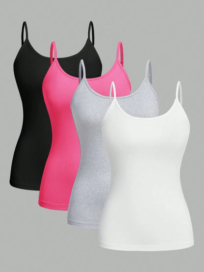 EZwear 4pcs/Set Plus Size Women's Tight Casual Cami Tops, Suitable For Summer Back To School