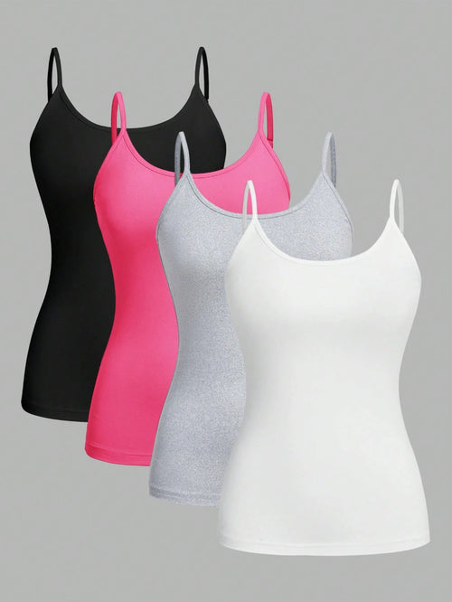 EZwear 4pcs/Set Plus Size Women's Tight Casual Cami Tops, Suitable For Summer Back To School