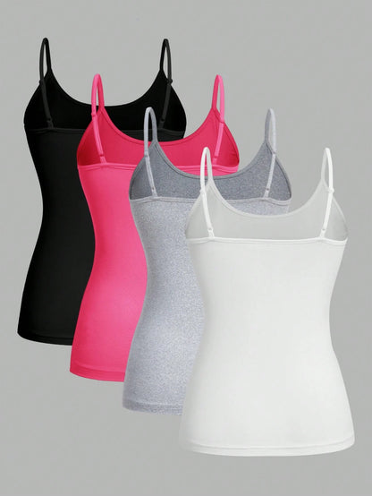 EZwear 4pcs/Set Plus Size Women's Tight Casual Cami Tops, Suitable For Summer Back To School