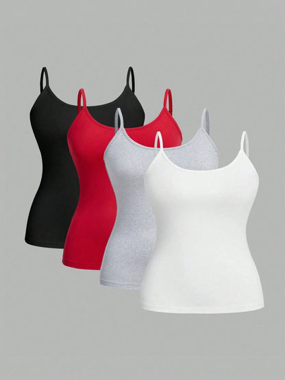 EZwear 4pcs/Set Plus Size Women's Tight Casual Cami Tops, Suitable For Summer Back To School