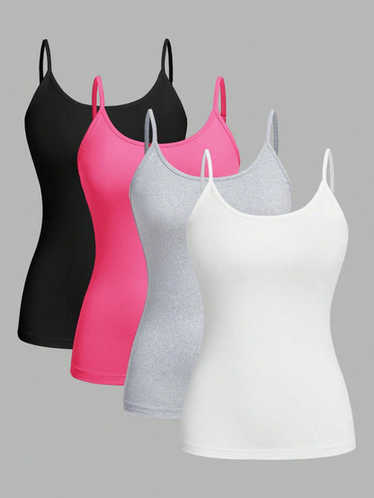 EZwear 4pcs/Set Plus Size Women's Tight Casual Cami Tops, Suitable For Summer Back To School