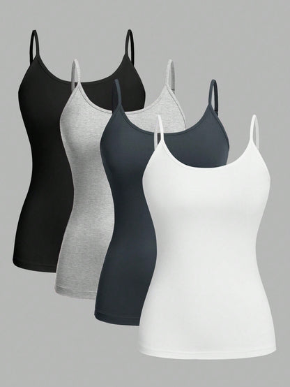 EZwear 4pcs/Set Plus Size Women Solid Color Casual Tight-Fitting Camisole Top, Versatile For Spring/Summer