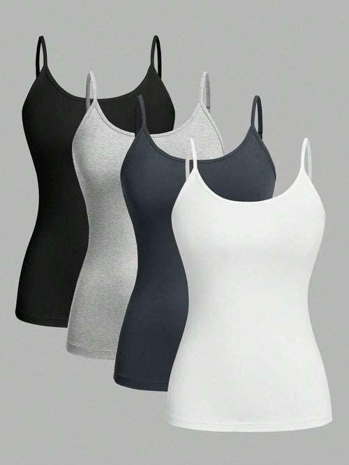 EZwear 4pcs/Set Plus Size Women Solid Color Casual Tight-Fitting Camisole Top, Versatile For Spring/Summer