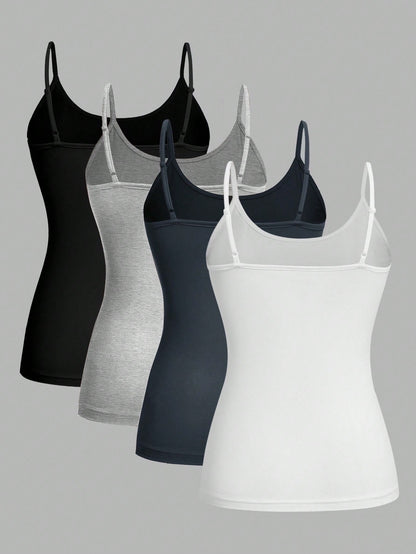 EZwear 4pcs/Set Plus Size Women Solid Color Casual Tight-Fitting Camisole Top, Versatile For Spring/Summer