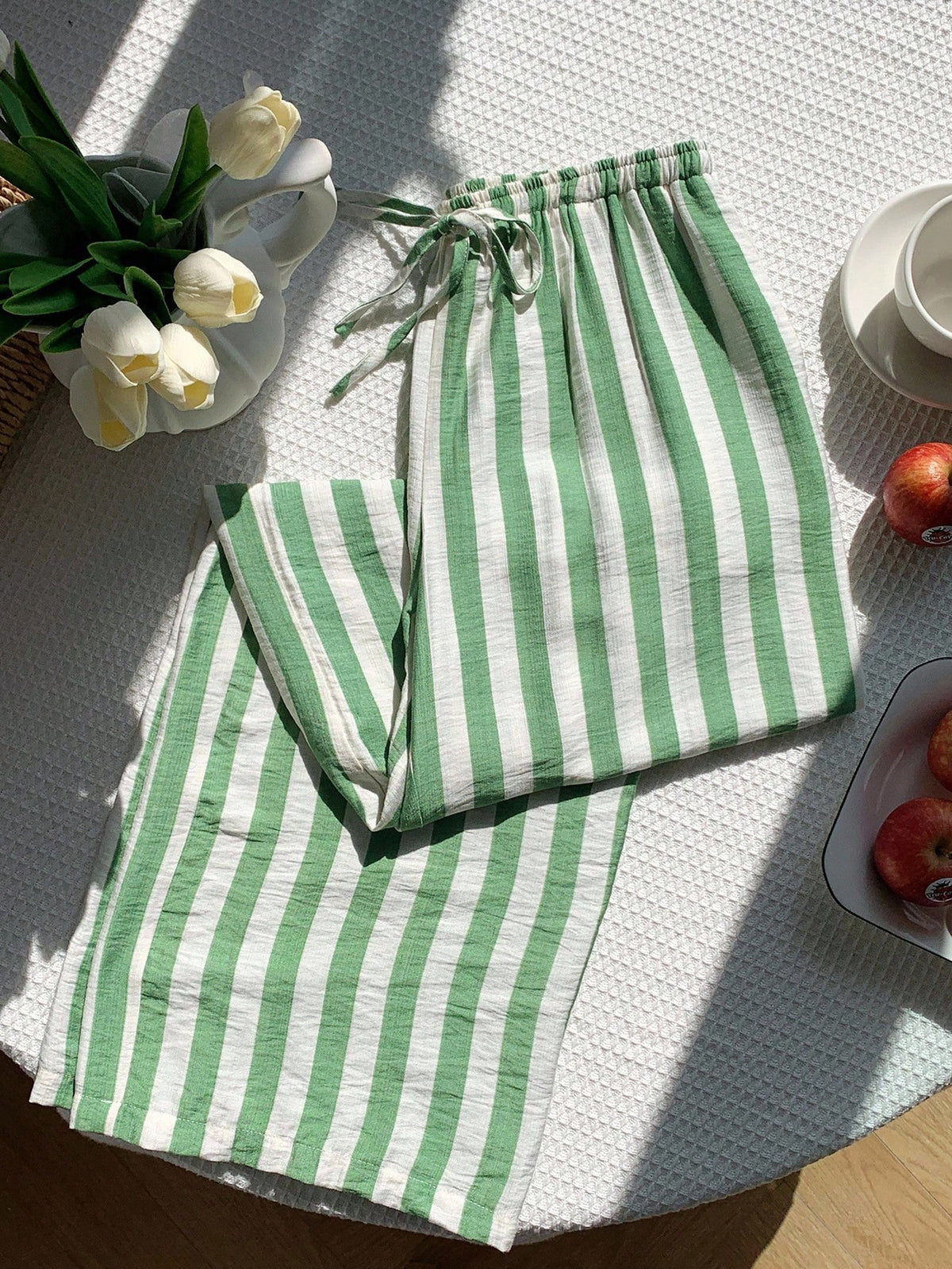 EZwear Airport Women's Stripe Print Drawstring Waist Casual Cottage Versatile Long Pants Women Bottoms Vacation Green And White Summer