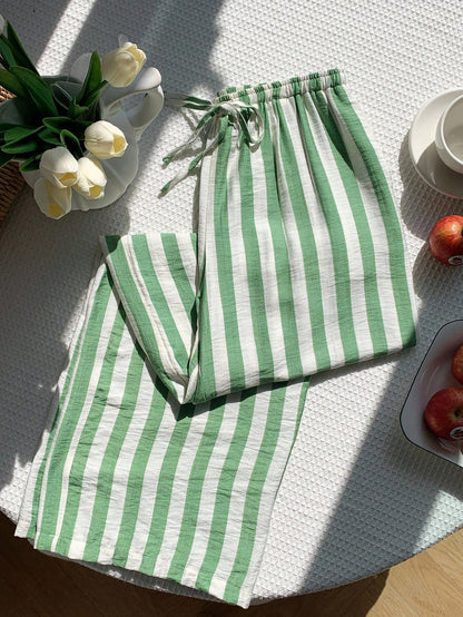 EZwear Airport Women's Stripe Print Drawstring Waist Casual Cottage Versatile Long Pants Women Bottoms Vacation Green And White Summer