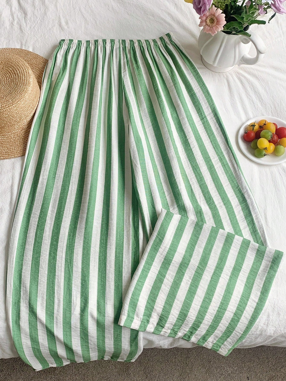 EZwear Airport Women's Stripe Print Drawstring Waist Casual Cottage Versatile Long Pants Women Bottoms Vacation Green And White Summer