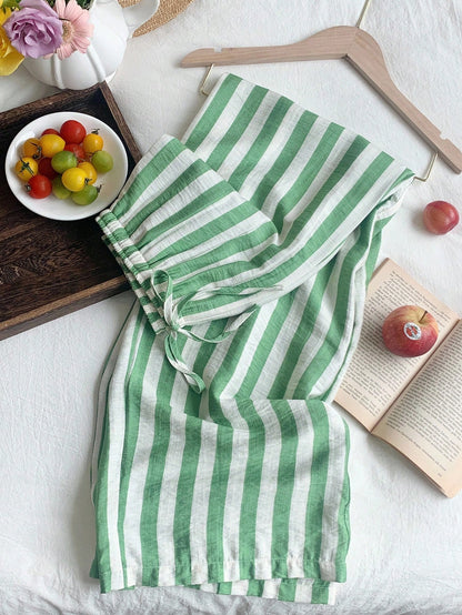 EZwear Airport Women's Stripe Print Drawstring Waist Casual Cottage Versatile Long Pants Women Bottoms Vacation Green And White Summer