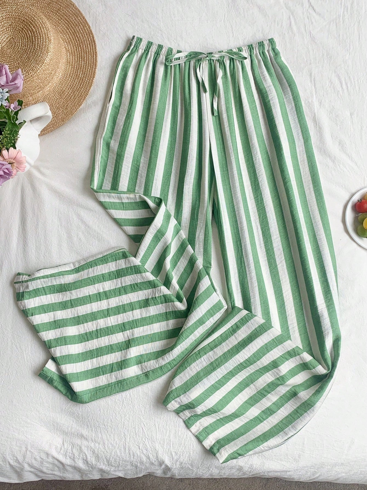 EZwear Airport Women's Stripe Print Drawstring Waist Casual Cottage Versatile Long Pants Women Bottoms Vacation Green And White Summer