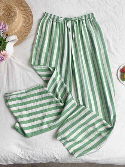 EZwear Airport Women's Stripe Print Drawstring Waist Casual Cottage Versatile Long Pants Women Bottoms Vacation Green And White Summer
