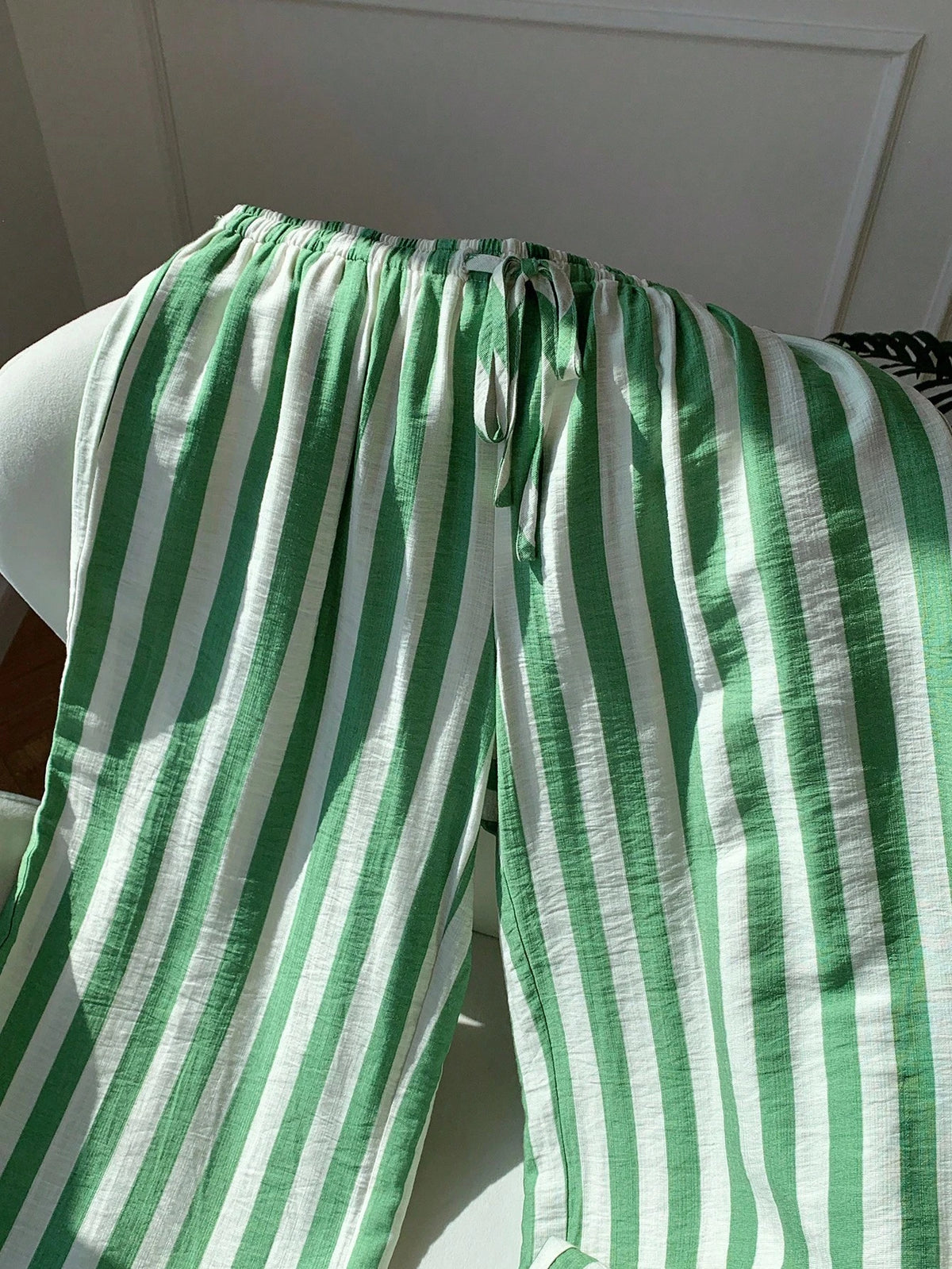 EZwear Airport Women's Stripe Print Drawstring Waist Casual Cottage Versatile Long Pants Women Bottoms Vacation Green And White Summer