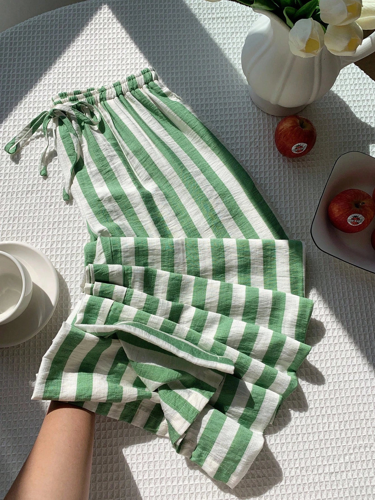 EZwear Airport Women's Stripe Print Drawstring Waist Casual Cottage Versatile Long Pants Women Bottoms Vacation Green And White Summer
