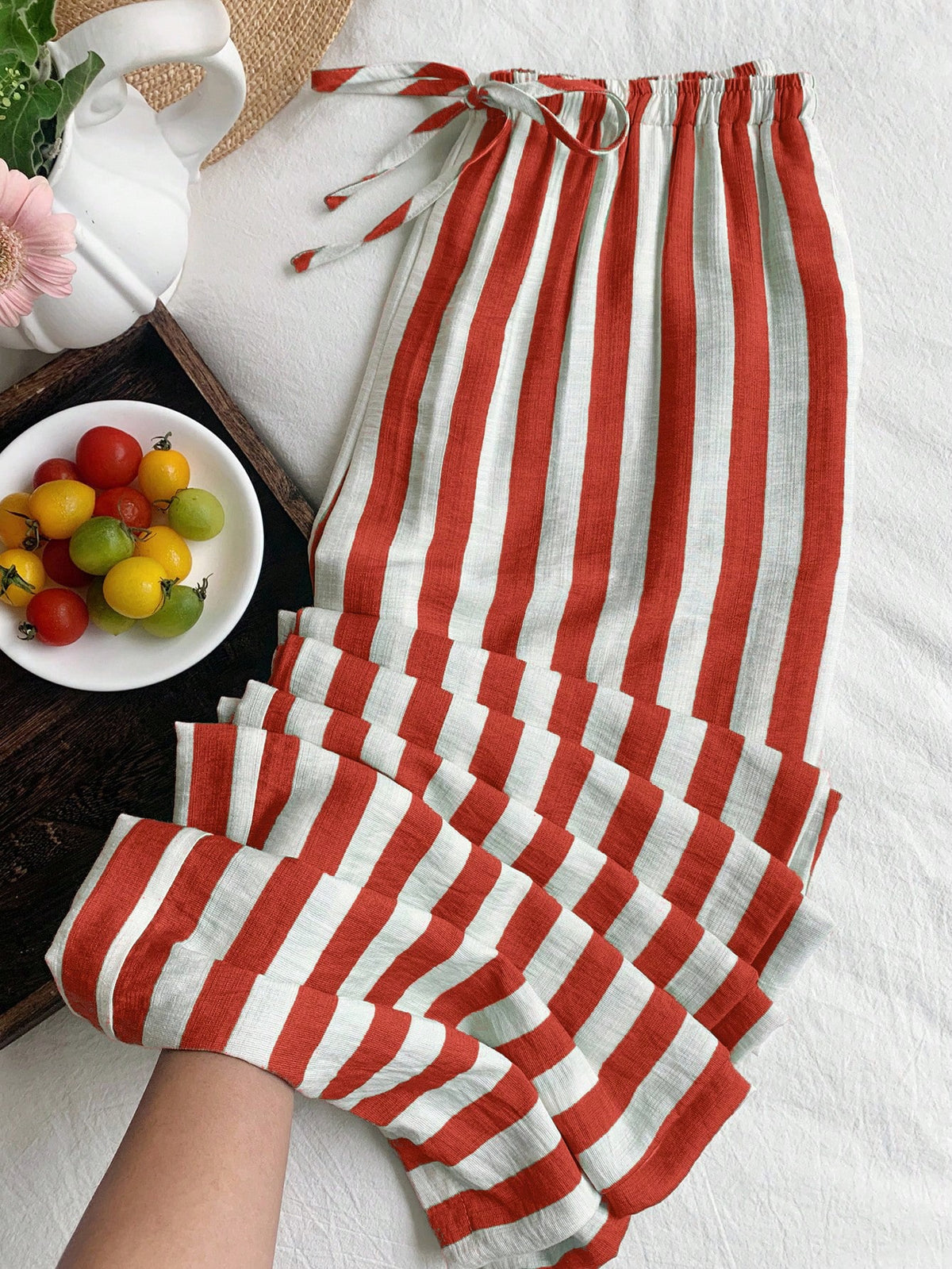 EZwear Airport Women's Stripe Print Drawstring Waist Casual Cottage Versatile Long Pants Women Bottoms Vacation Green And White Summer