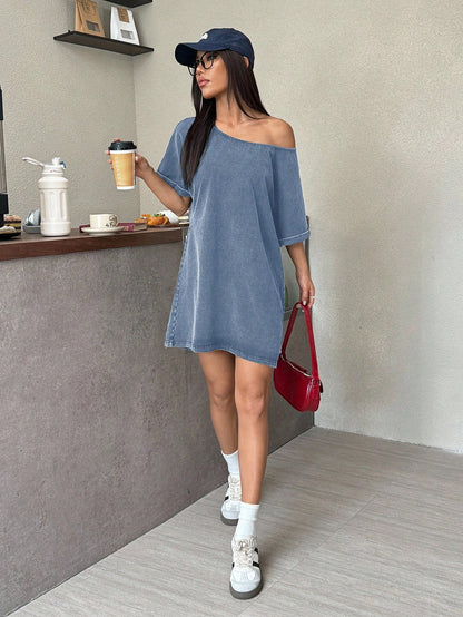 EZwear Blue Mini Dress With One-Shoulder Design Half Sleeves And Split Detail,Casual Dresses For Women Comfy Dress