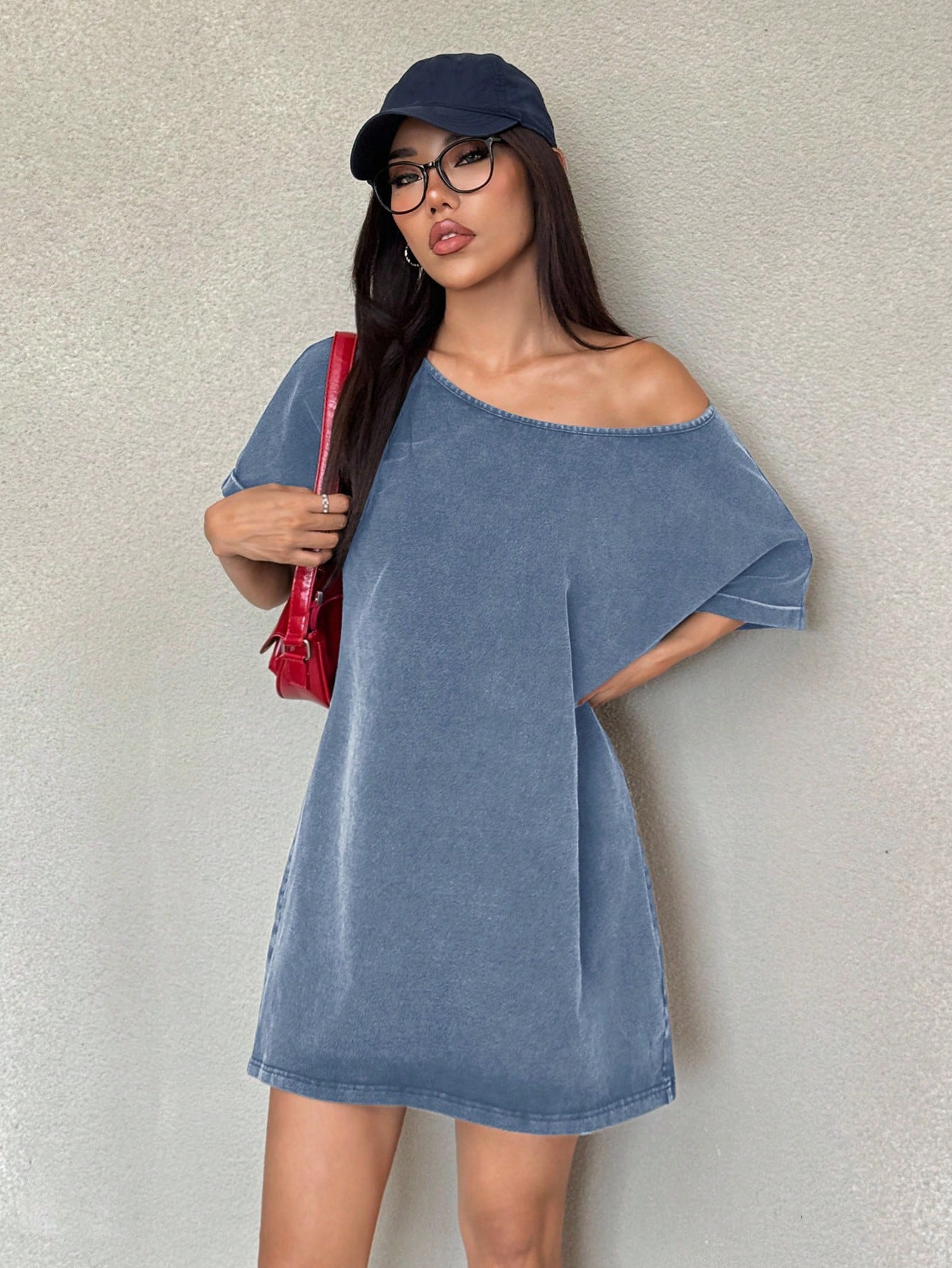 EZwear Blue Mini Dress With One-Shoulder Design Half Sleeves And Split Detail,Casual Dresses For Women Comfy Dress