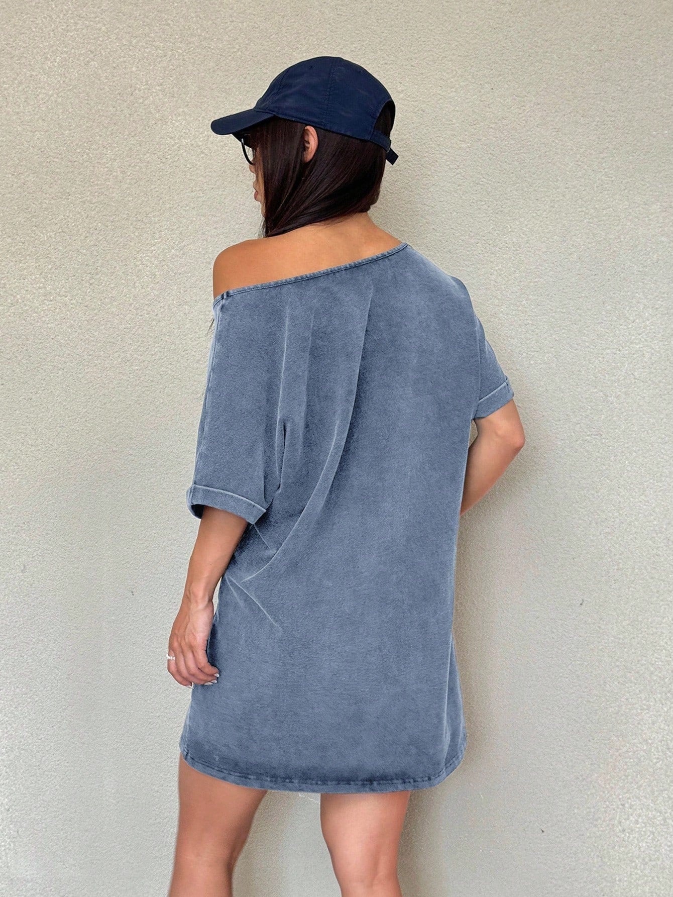 EZwear Blue Mini Dress With One-Shoulder Design Half Sleeves And Split Detail,Casual Dresses For Women Comfy Dress